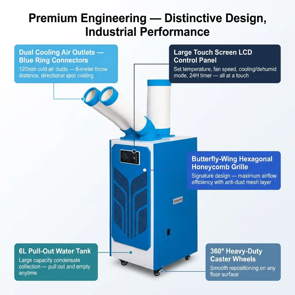 Custom Butterfly Wing Hexagonal Honeycomb 24H Timer Spot Cooler AC Industri Portabel Kanthi Tenda Acara Luar Ruangan Custom Butterfly Wing Hexagonal Honeycomb 24H Timer Spot Cooler AC Industri Portabel Kanthi Tenda Acara Luar Ruangan