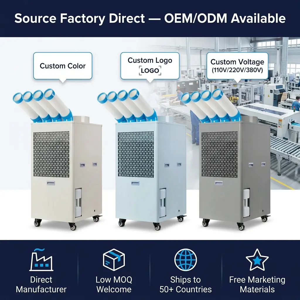 OEM Logo Kustom Industrial Portable Air Conditioner 110V 220V 380V Multi-Voltage Low MOQ Pabrik Pasokan Langsung