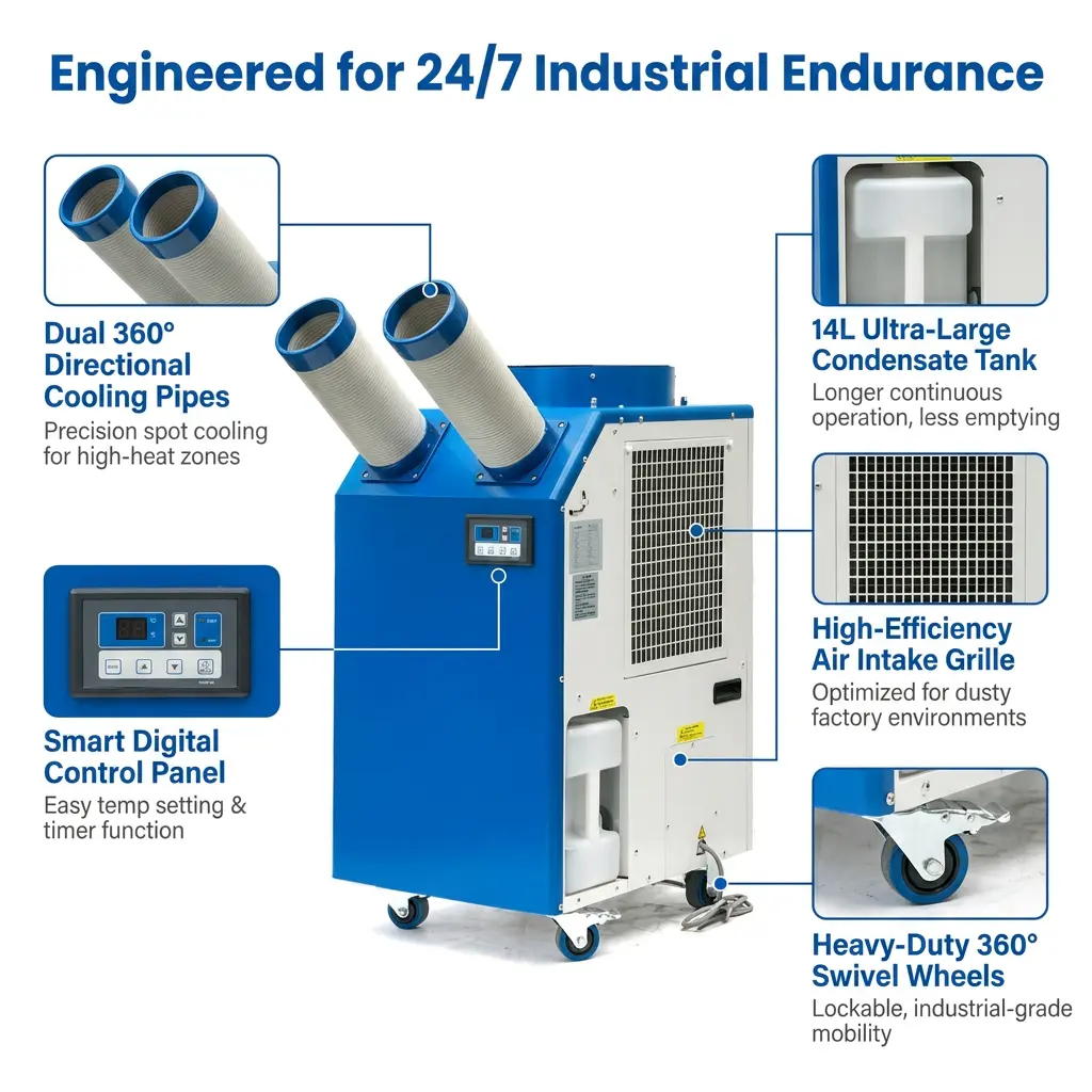 OEM 14L Tank Gedhe 2700W Power 9300BTU Kompresor Rotary Portable Spot Cooler Industri Air Conditioner kanggo Bengkel